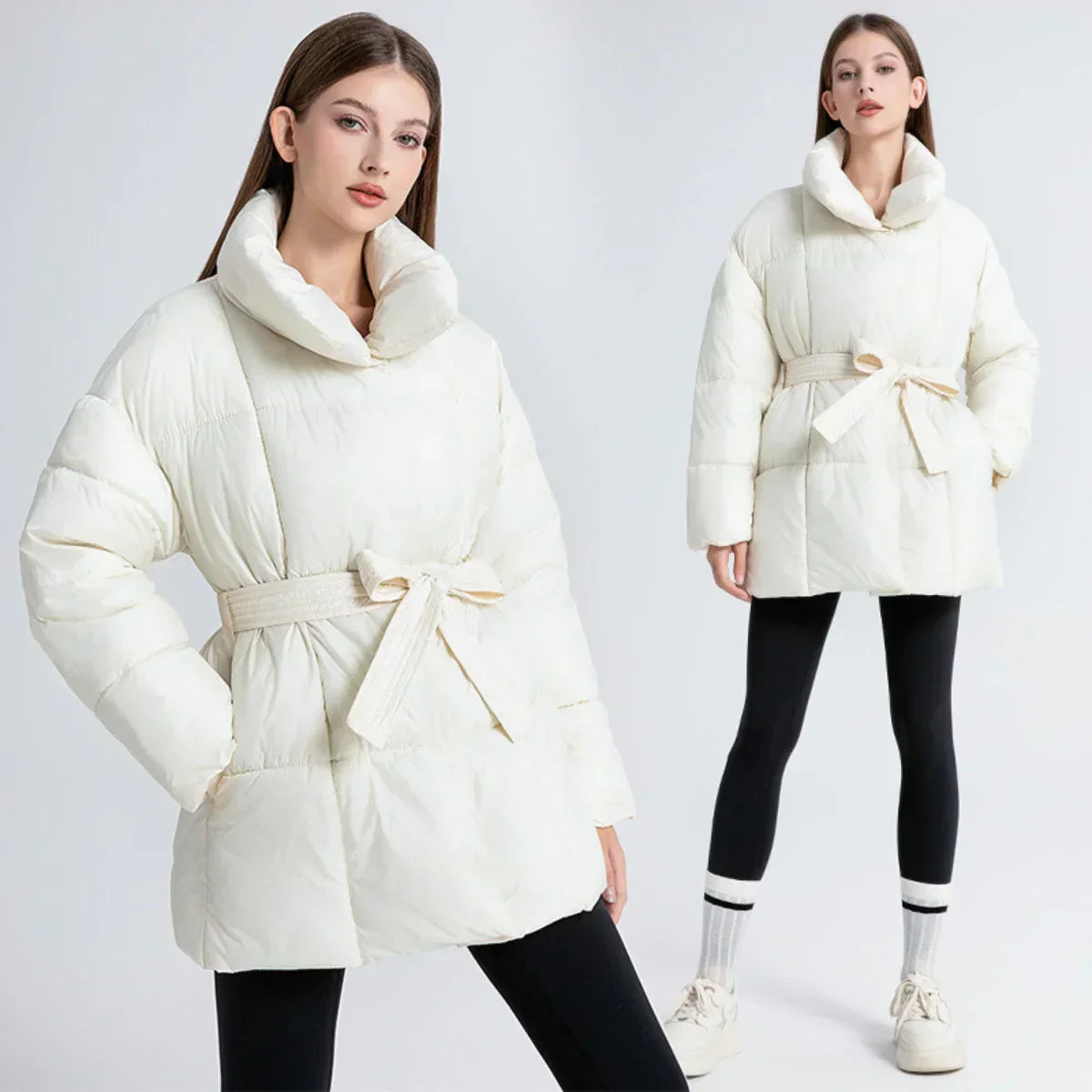 Ysabellea | Women's Padded Winter Coat with Wrap Collar and Adjustable Belt