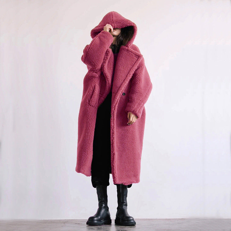 Nica | Women's Hooded Lapel Collar Double-Breasted Long Teddy Coat – Soft & Warm Winter Essential