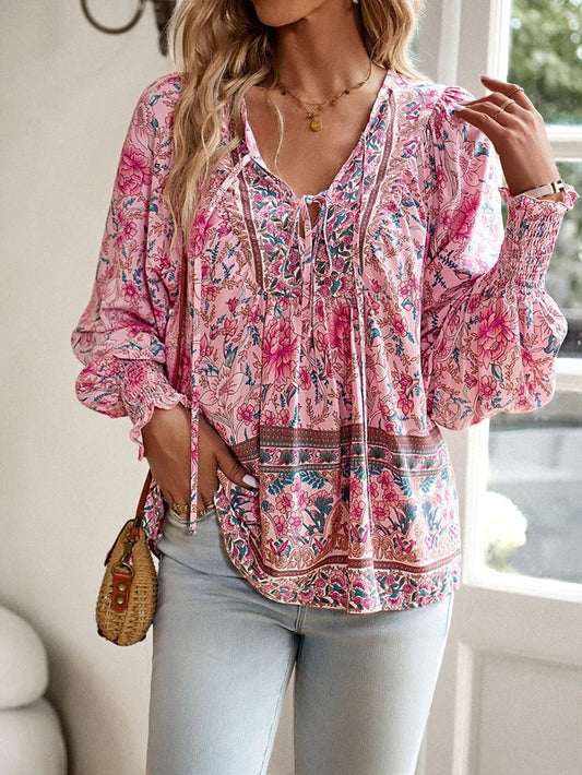 Eira | Women’s Bohemian Floral Blouse – Bishop Sleeves & Tie‑Neck Detail