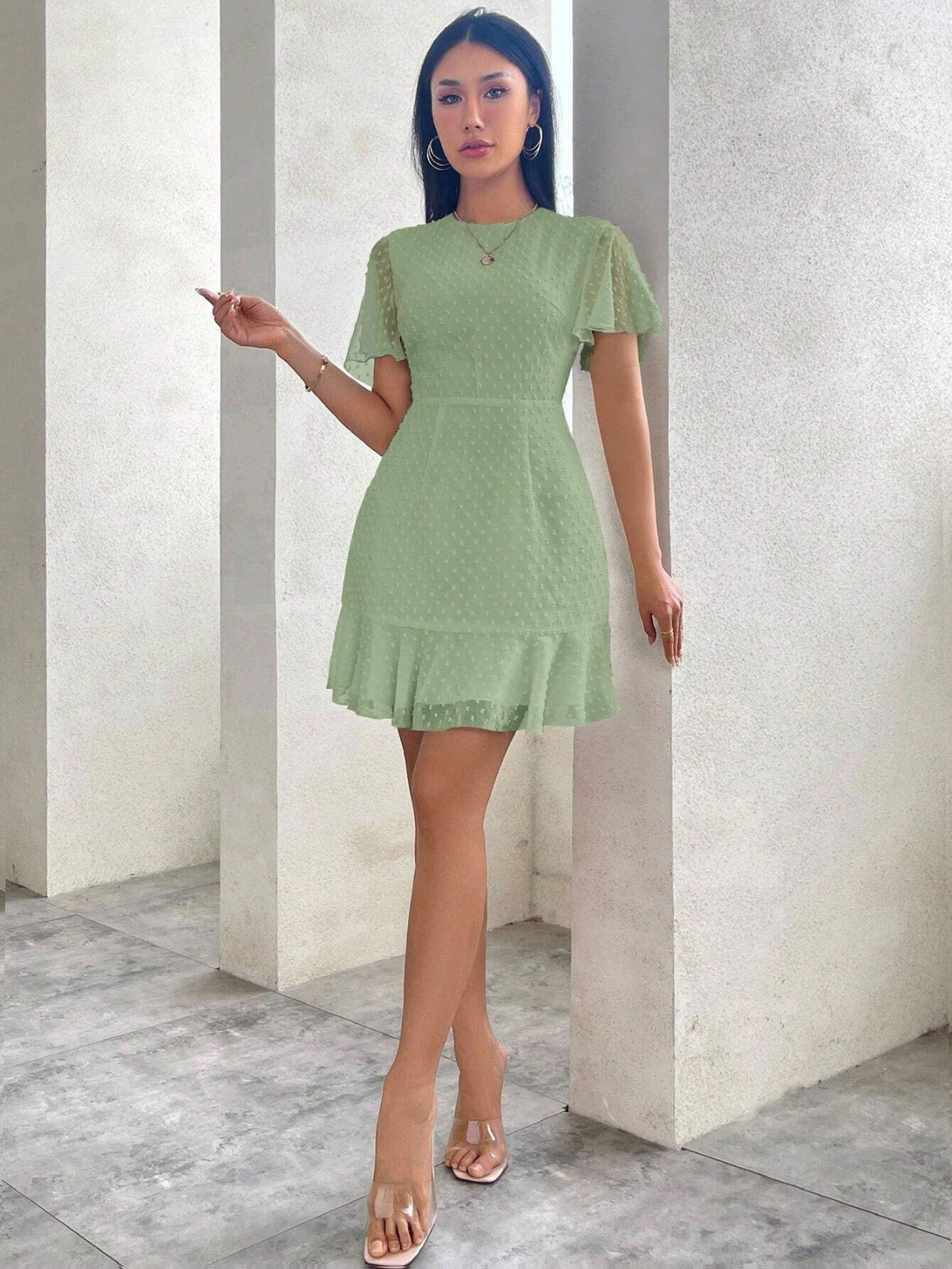 Tavina | Women's Polka Dot Ruffle Trim Mini Dress with Round Neck & Short Sleeves