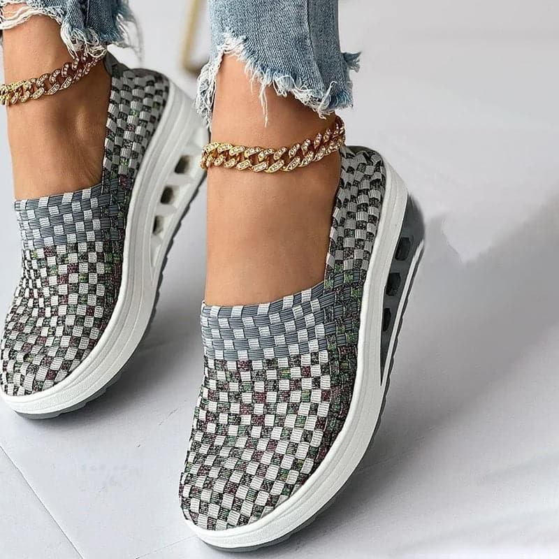 Opaline | Women's Multicolour Woven Slip-On Orthopaedic Sneakers with Slanted Platform Sole