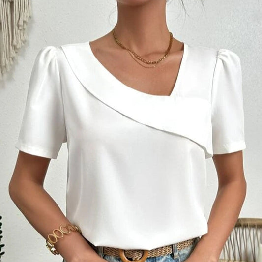 Indie | Women’s White Summer Blouse with Asymmetric Neckline & Puff Sleeves – Elegant and Stylish