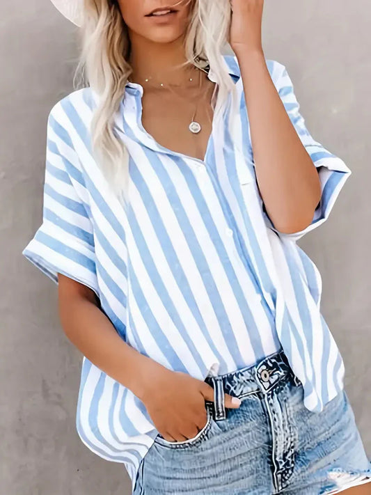 Leontyne | Women’s Striped Short‑Sleeve Blouse – Folded Cuff Casual Summer Top
