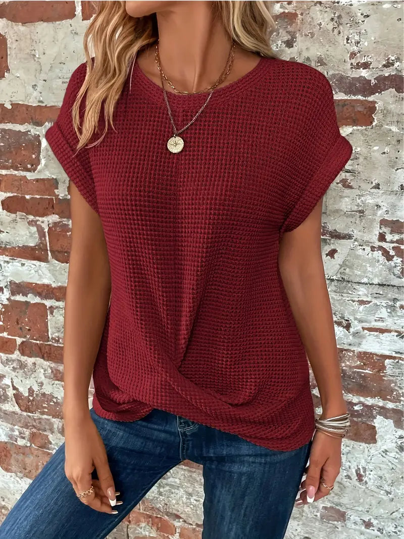 Niamh | Women's Textured Fabric Round Neck Short Sleeves Twisted Hem Summer Top