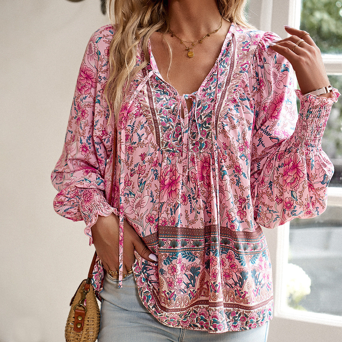 Delilah | Women's Floral Bohemian Blouse with Lantern Sleeves and Loose Fit