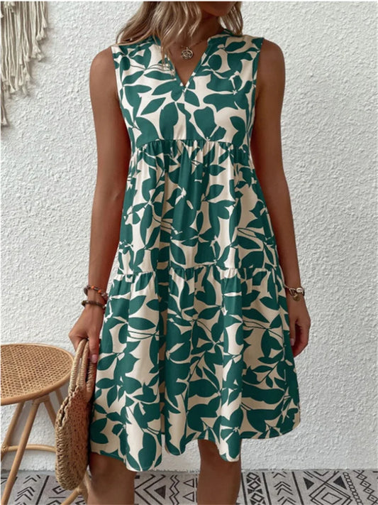 Niamh | Women's V Neck Sleeveless Leaf Print Knee-Length Summer Dress