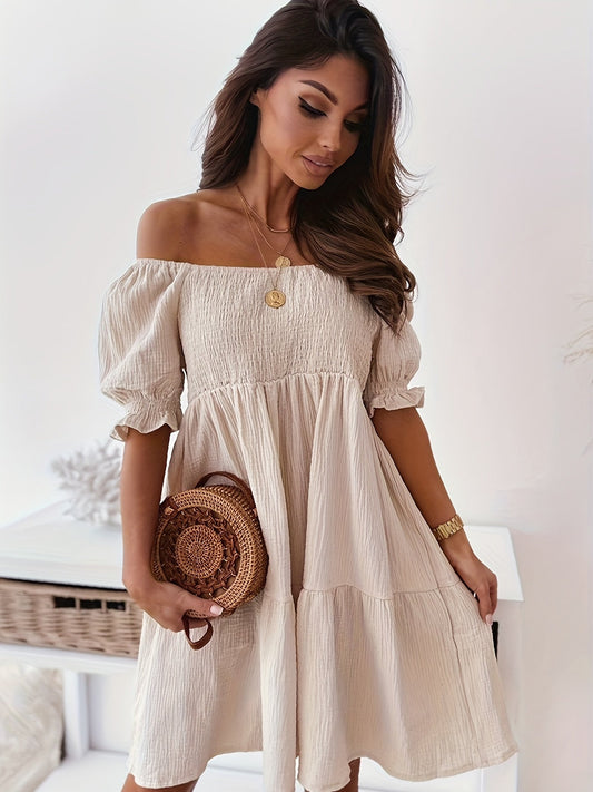 Selene | Women's Off-Shoulder Bohemian Smock Summer Mini Dress in Solid Colour