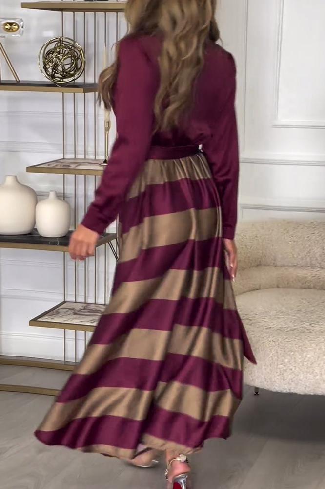 Chrysella | Elegant Striped Buttoned V-Neck Maxi Dress with Belt