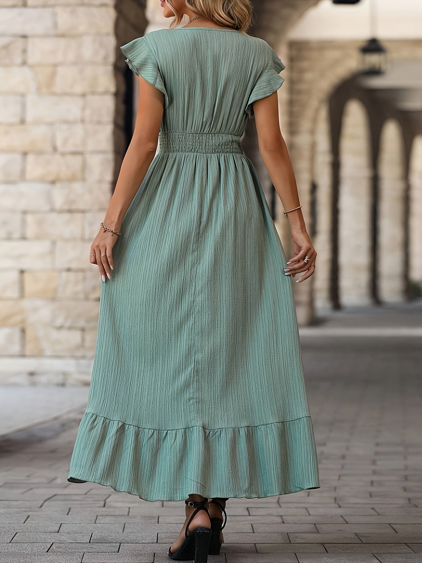 Zelda | Women's Ruffled V Neck Maxi Dress with Cinched Waist and Flowy Design