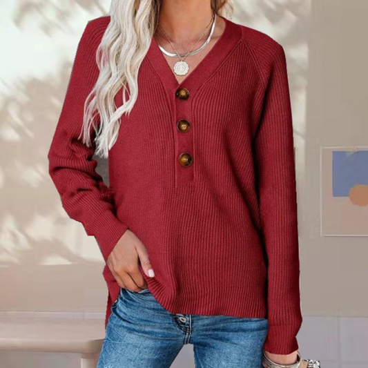 Andrea | Women’s Solid Colour V-Neck Partial Buttoned Sweater