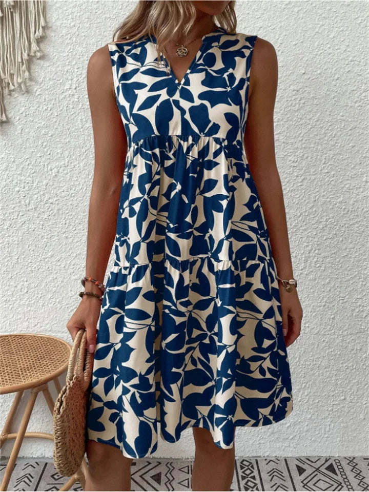 Niamh | Women's V Neck Sleeveless Leaf Print Knee-Length Summer Dress