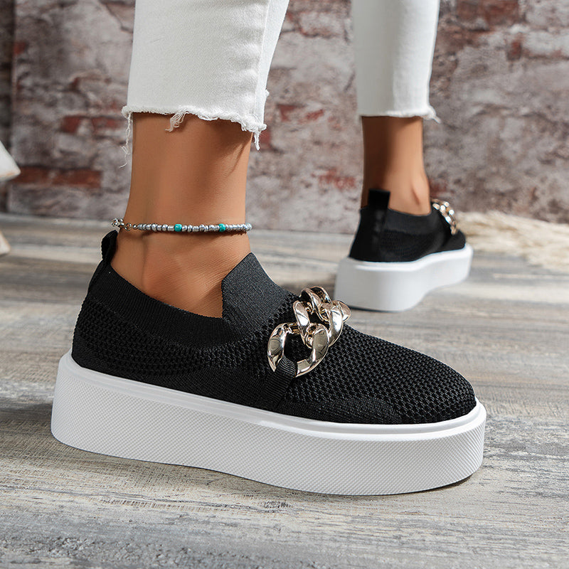 Octavia | Women's Mesh Slip-On Platform Loafers with Gold Chain Detailing – Stylish, Breathable & Comfortable