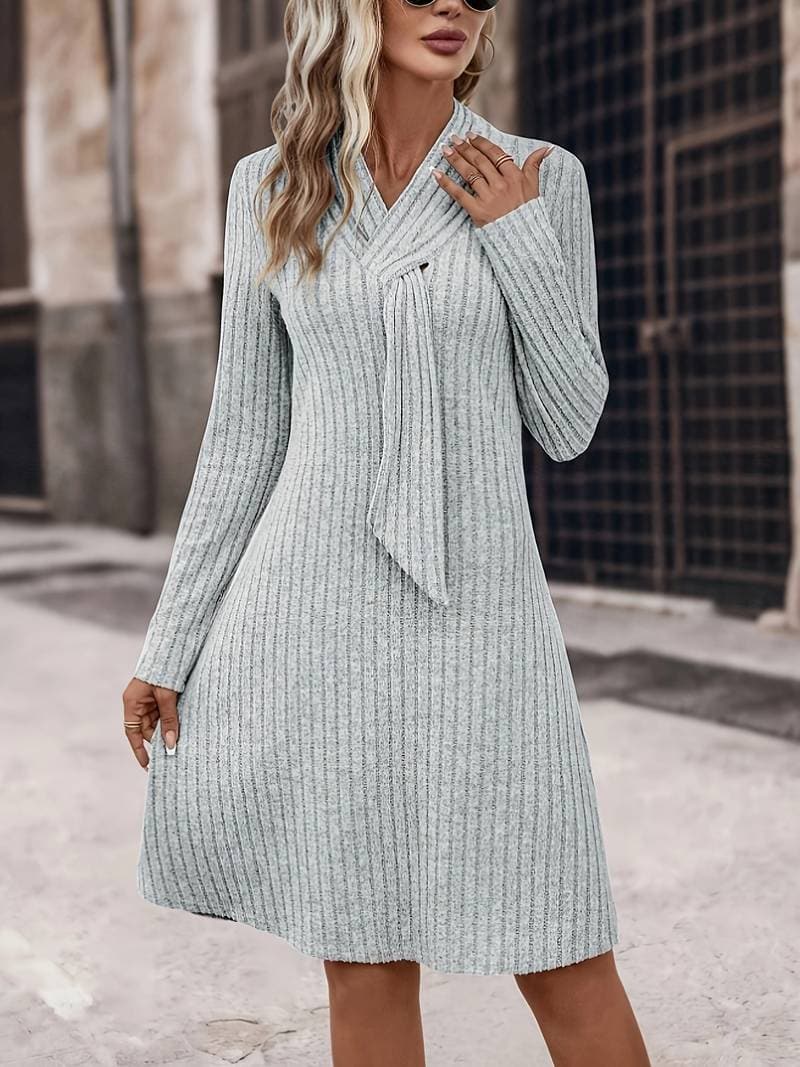 Nessa | Women's Elegant Slim-Fit Long Sleeve Knitted Dress in Grey