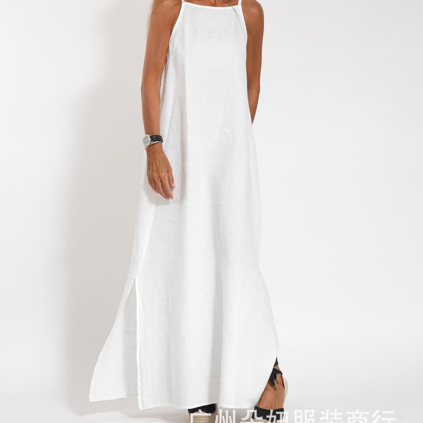 Eleanor | Women's Spaghetti Strap Solid Colour Maxi Dress with Leg Slit – Loose Fit for Summer