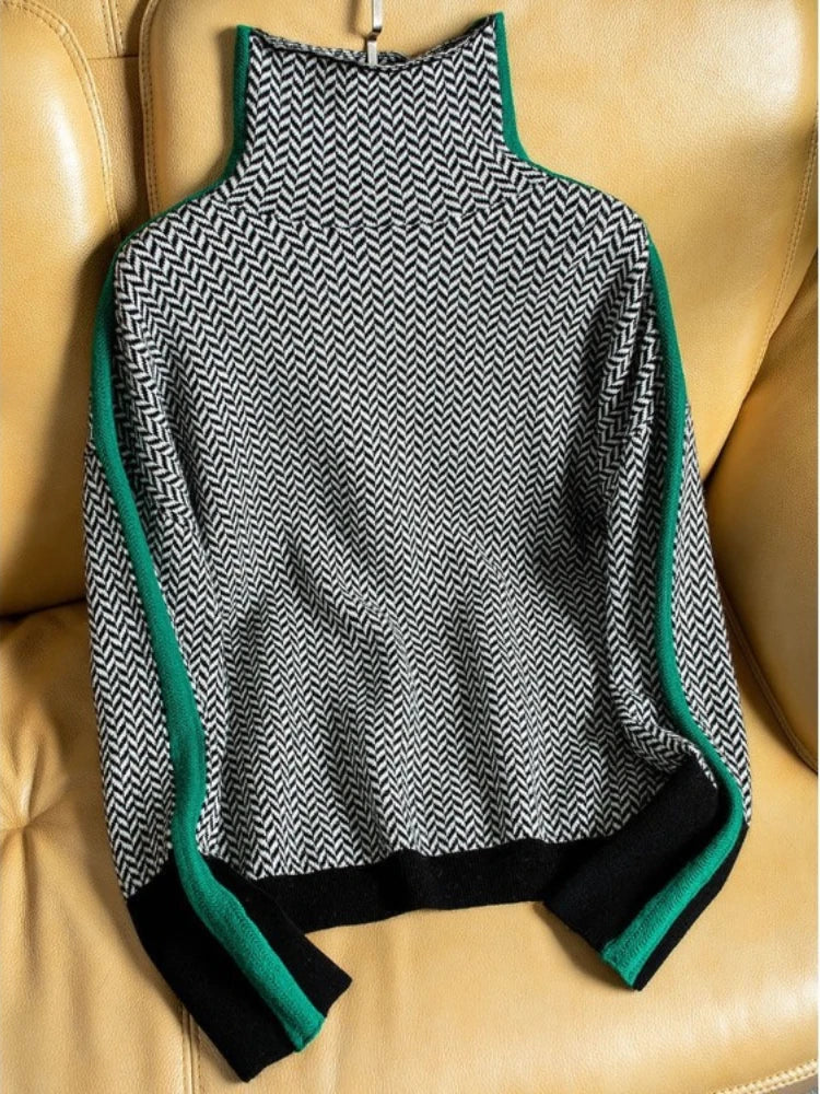 Bella | Women's Turtleneck Knitted Sweater with Colorblock Design and Chevron Contrast Details