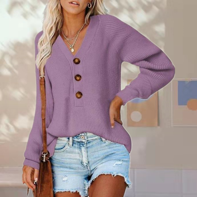 Andrea | Women’s Solid Colour V-Neck Partial Buttoned Sweater