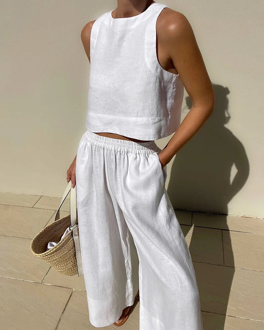 Fiora | Women's Linen Two-Piece Set – Sleeveless Cropped Top & Wide-Leg Trousers for a Breezy Summer Look