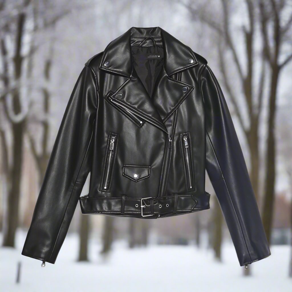 Elfriede | Women's Slim-Fit Leather Jacket with Waist Belt and Multiple Pockets