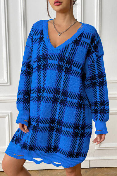 Quindra | Long Knit Sweater with Check Pattern and Relaxed Fit