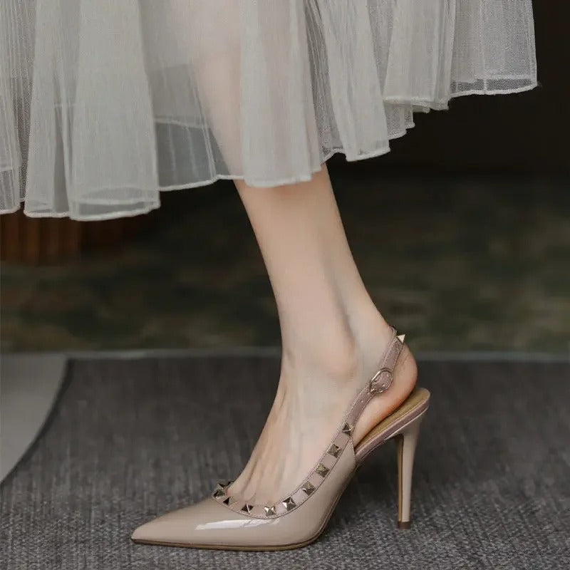 Lunora | Women's Pointed Toe Slingback Heels – Elegant Metal Stud Buckle Sandals