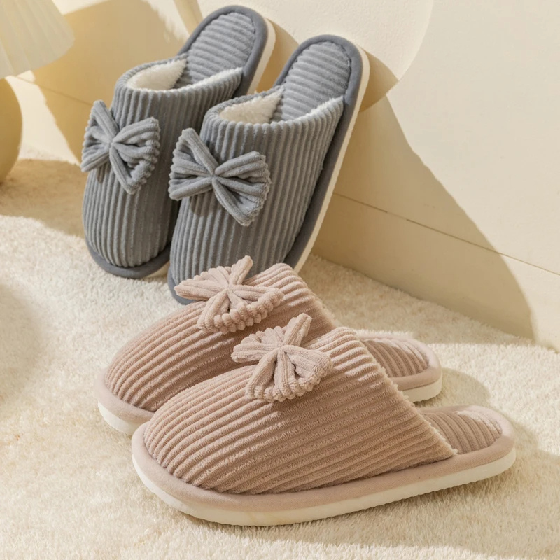 Donna | Women's Lightweight Ribbed Plush House Slippers with Ribbon Decor