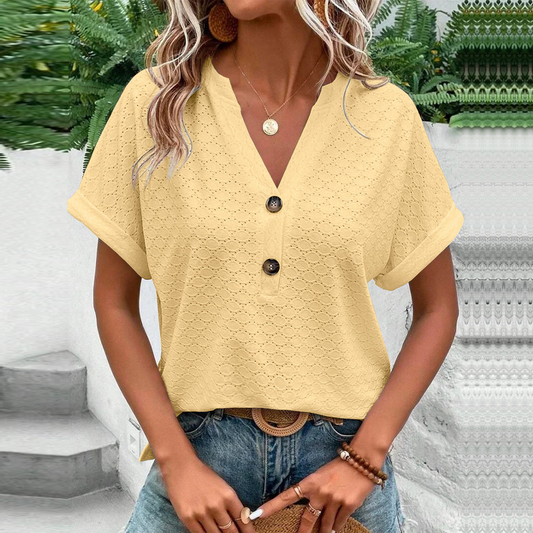 Orabella | Women’s V-Neck Buttoned Short Sleeve Casual Shirt in Textured Fabric