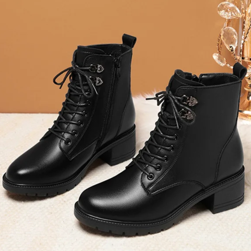 Zoraide | Women's Block Heel Winter Boots with Side Zipper & Lace-Up Design