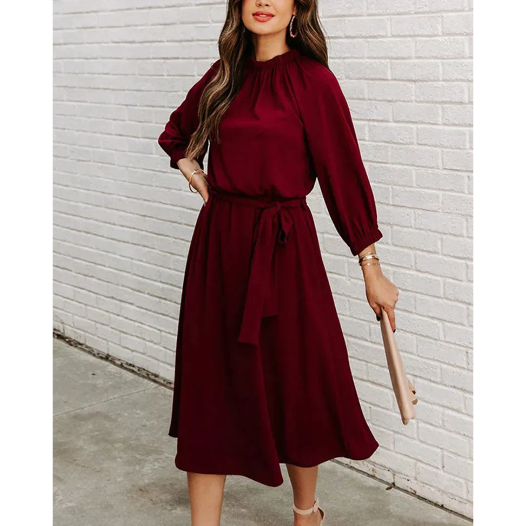 Delaney | Elegant Midi Dress with Tie Waist & Bishop Sleeves