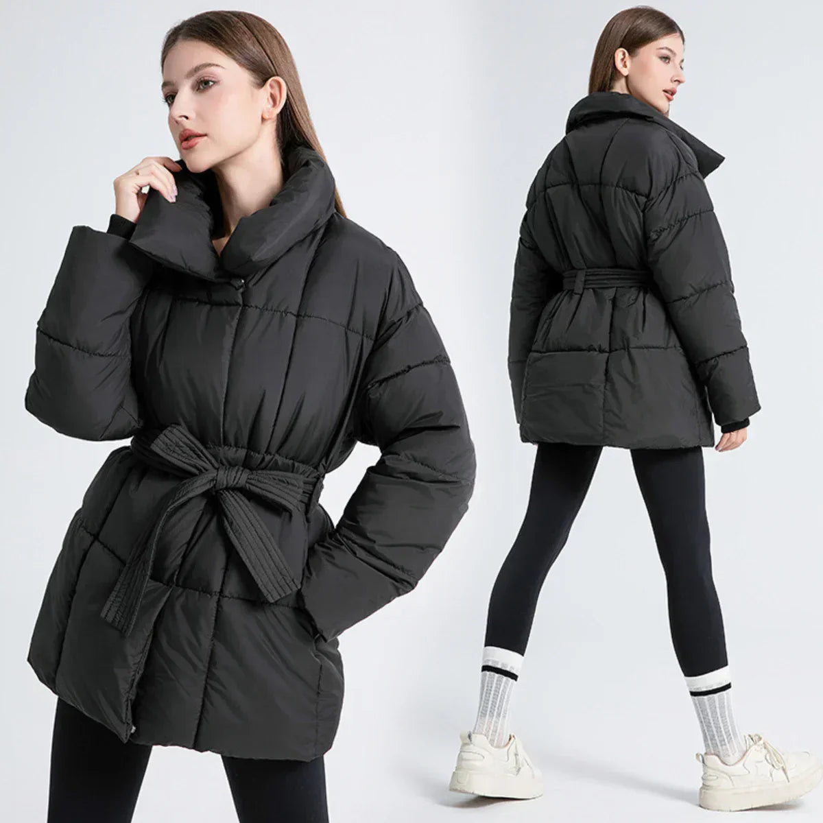 Ysabellea | Women's Padded Winter Coat with Wrap Collar and Adjustable Belt