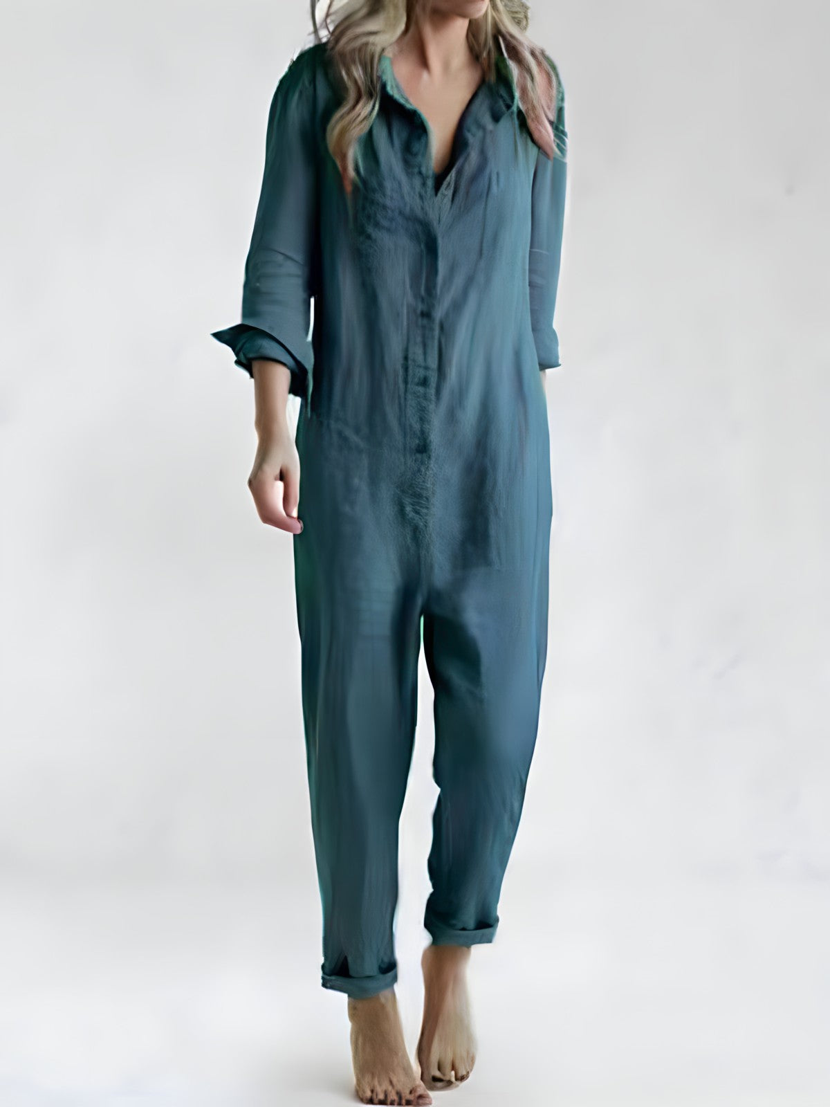 Vivia | Women's Loose Fit Long Sleeve Buttoned Jumpsuit with Chest & Back Pockets