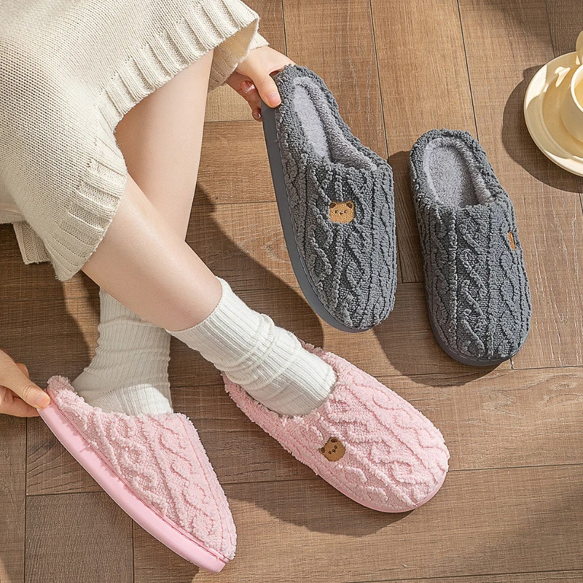 Viktualia | Women's Winter Slippers with Teddy Embroidery, Soft Plush Fabric & Non-Slip Sole