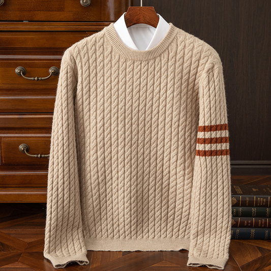 Otteo | Men’s Cable Knit Crewneck Sweater with Sleeve Stripes