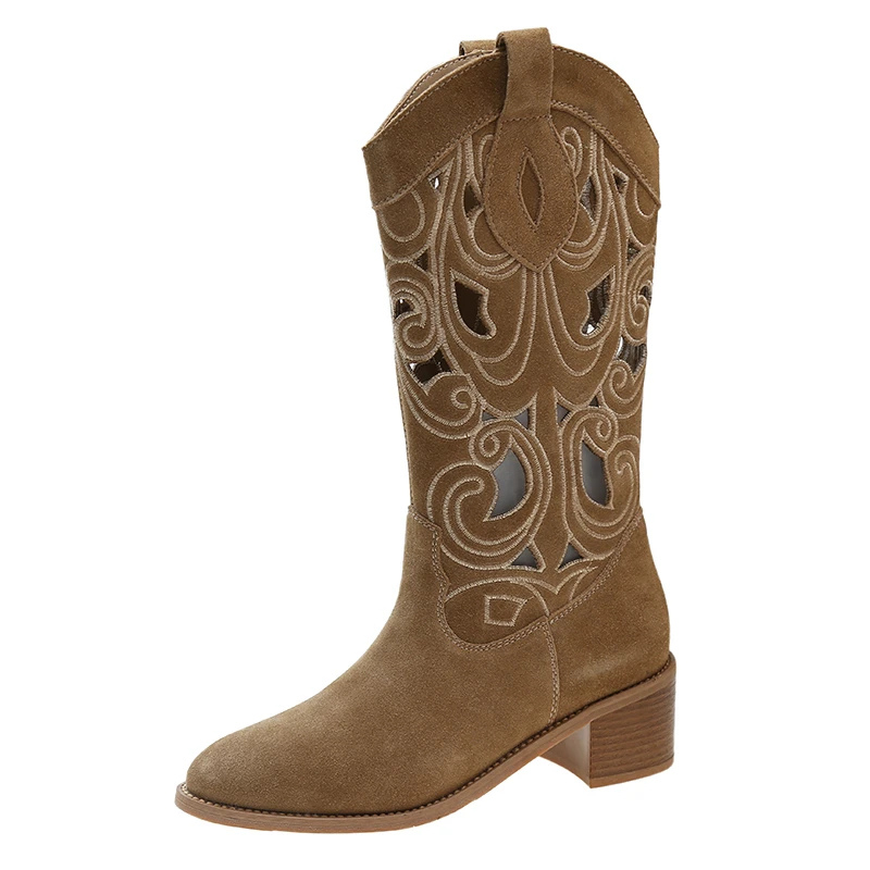 Ilerina | Stylish Suede Western Cowboy Boots with Cutouts for Women