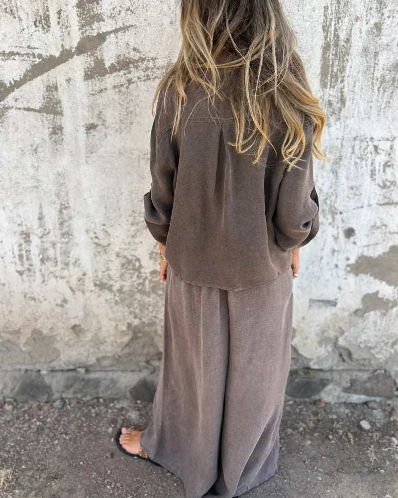 Dorigen | Women's Solid Colour Two-Piece Set with Buttoned Tie-Hem Blouse and Wide-Leg Trousers