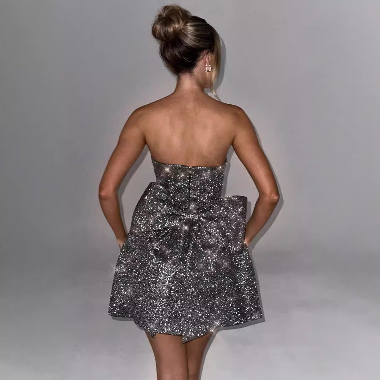 Merryn | Women's Strapless Sparkly Party Mini Dress with Back Bowknot – Sexy and Elegant