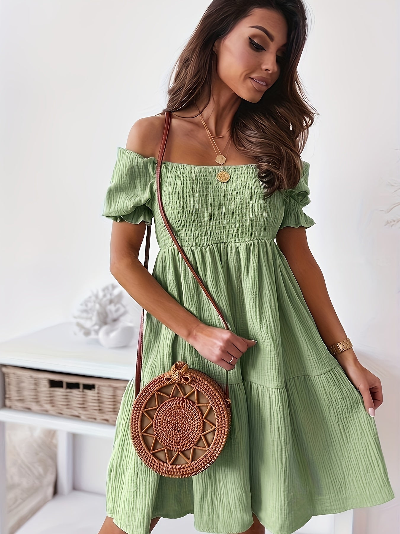 Selene | Women's Off-Shoulder Bohemian Smock Summer Mini Dress in Solid Colour