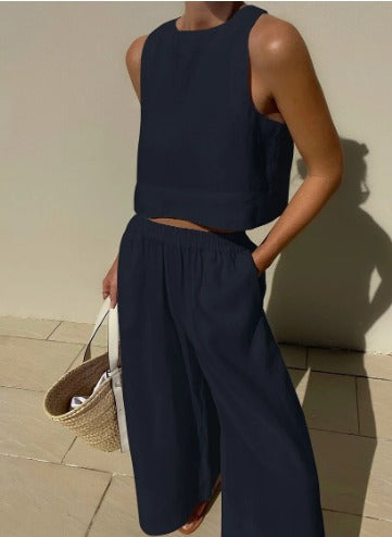 Fiora | Women's Linen Two-Piece Set – Sleeveless Cropped Top & Wide-Leg Trousers for a Breezy Summer Look