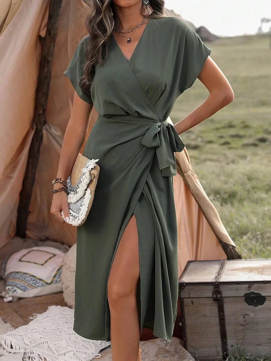 Freya | Elegant V-Neck Wrap Dress with Waist Tie & Side Slit – Casual to Formal Look