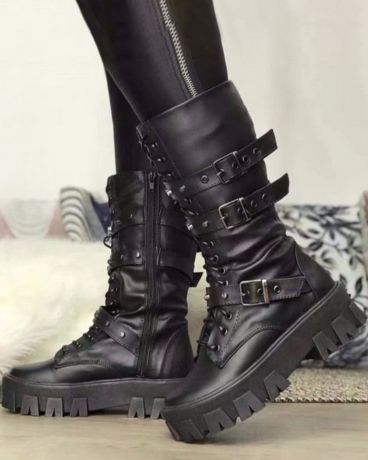 Elwynn | Women's White Military-Style Boots with Lace-Up Design and Buckle Detailing