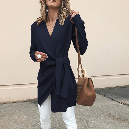 Eleanora | Elegant Longline Wrap Cardigan with Waist Tie & V-Neck