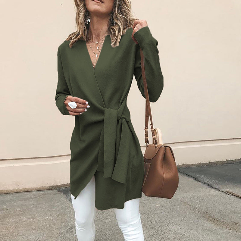 Eleanora | Elegant Longline Wrap Cardigan with Waist Tie & V-Neck