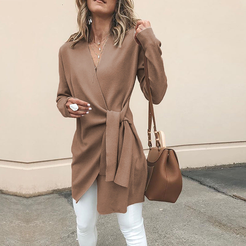 Eleanora | Elegant Longline Wrap Cardigan with Waist Tie & V-Neck