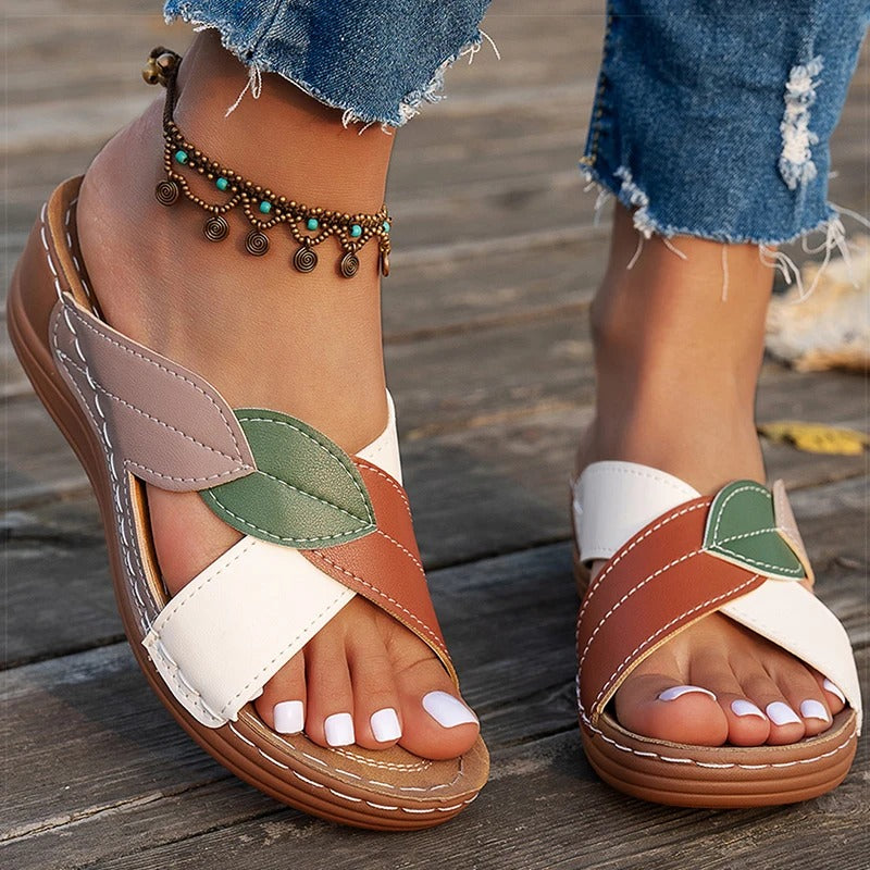 Ursalyn | Women’s Colourful Leaf Strap Platform Sandals – Comfy Slip-On Summer Open Toe Shoes