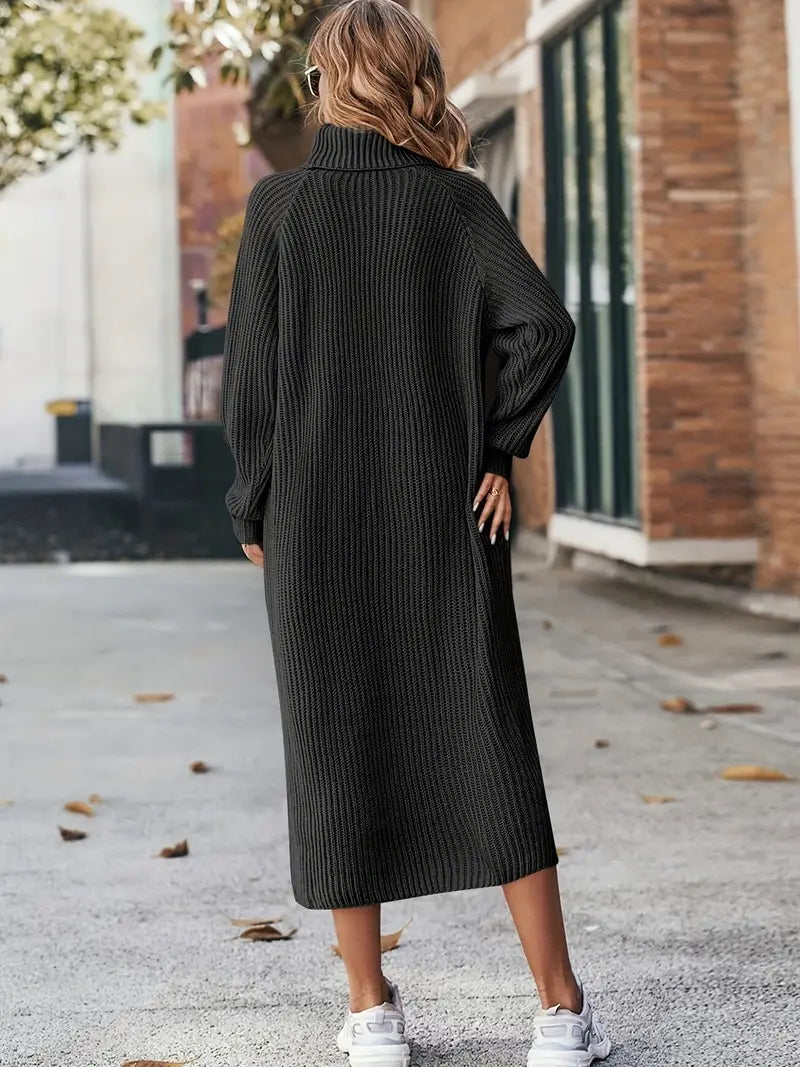 Pixie | Women's Striped Textured Knitted Midi Dress – Elegant High Neck & Long Sleeves