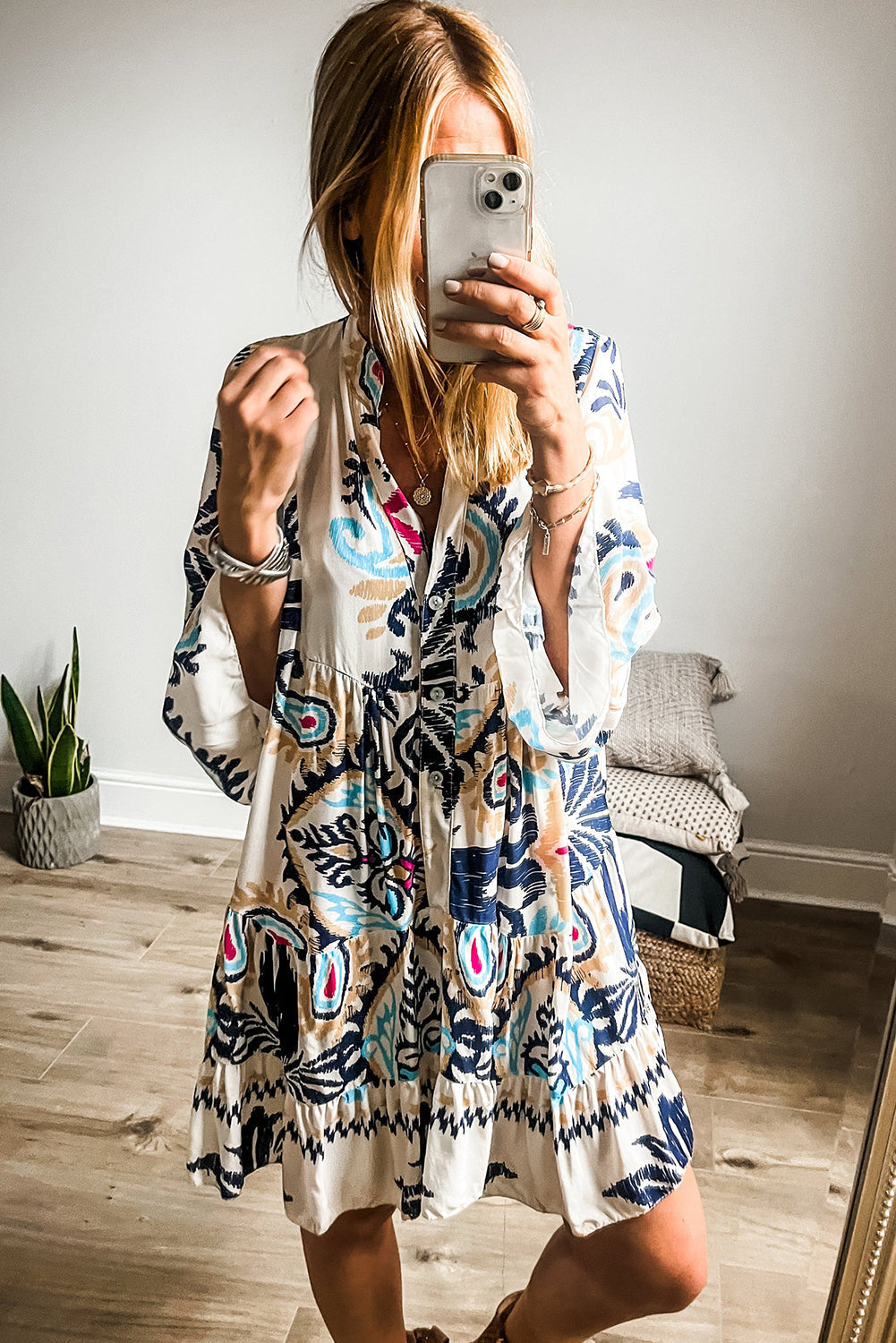 Ulena | Stylish Mini Dress with Tribal Print and Statement Bangle Sleeves