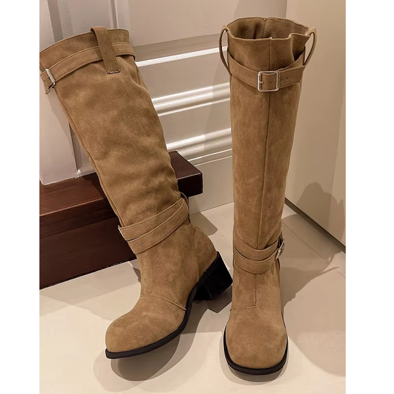 Annelien | Women's Knee-High Suede Boots with Block Heel and Buckle Strap - Stylish and Comfortable