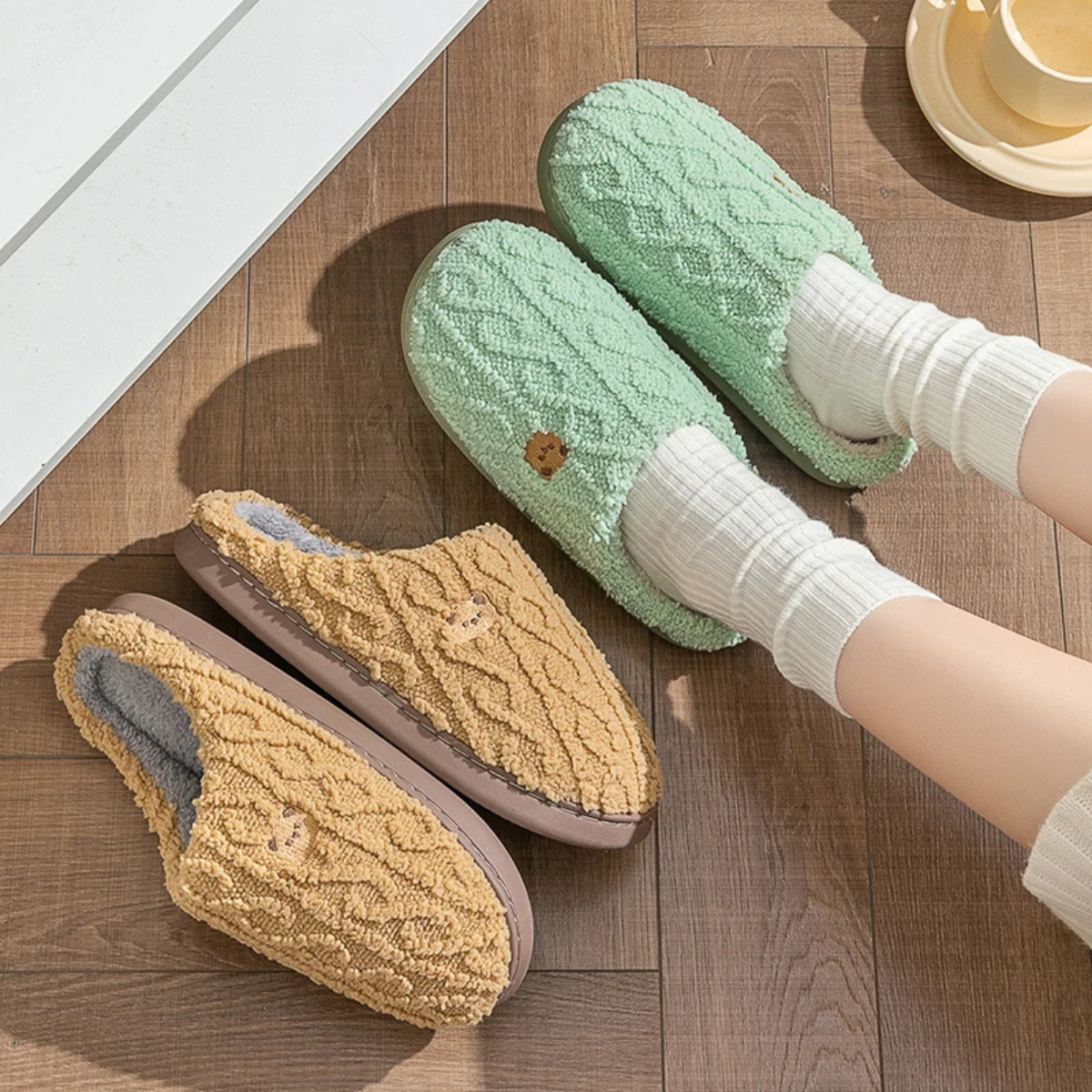 Viktualia | Women's Winter Slippers with Teddy Embroidery, Soft Plush Fabric & Non-Slip Sole