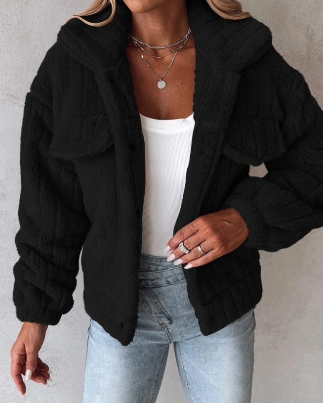 Stephanie | Women’s Teddy Short Jacket with Lapel Collar, Soft & Cosy Solid Colour Coat