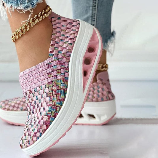 Opaline | Women's Multicolour Woven Slip-On Orthopaedic Sneakers with Slanted Platform Sole