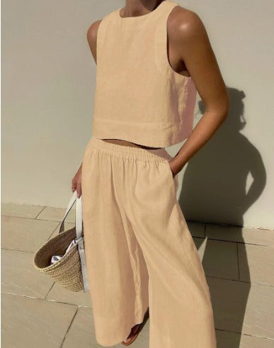 Fiora | Women's Linen Two-Piece Set – Sleeveless Cropped Top & Wide-Leg Trousers for a Breezy Summer Look